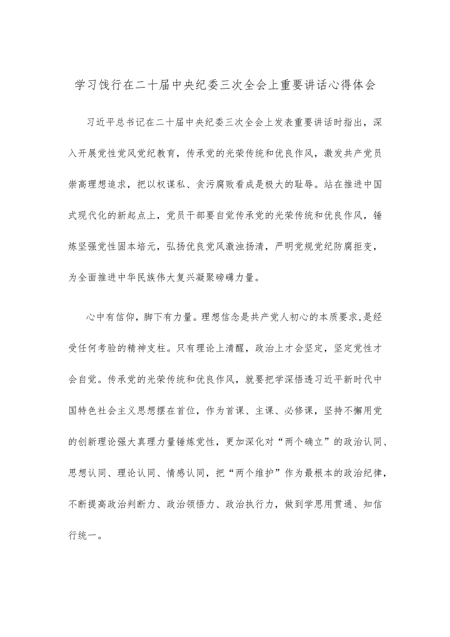 学习饯行在二十届中央纪委三次全会上重要讲话心得体会.docx_第1页