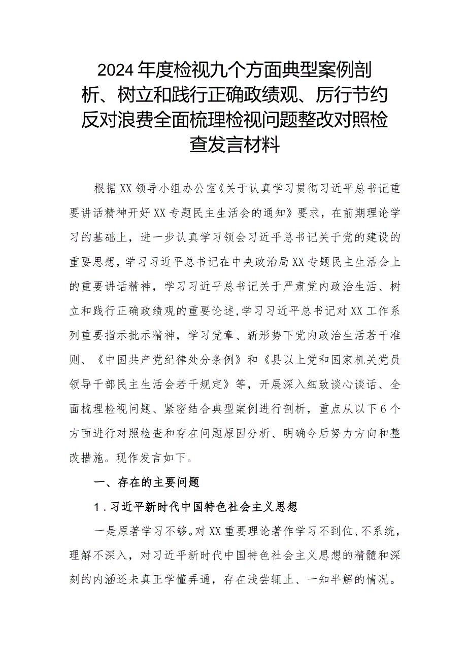 2024年度检视九个方面典型案例剖析、树立和践行正确政绩观、厉行节约反对浪费全面梳理检视问题整改对照检查发言材料.docx_第1页