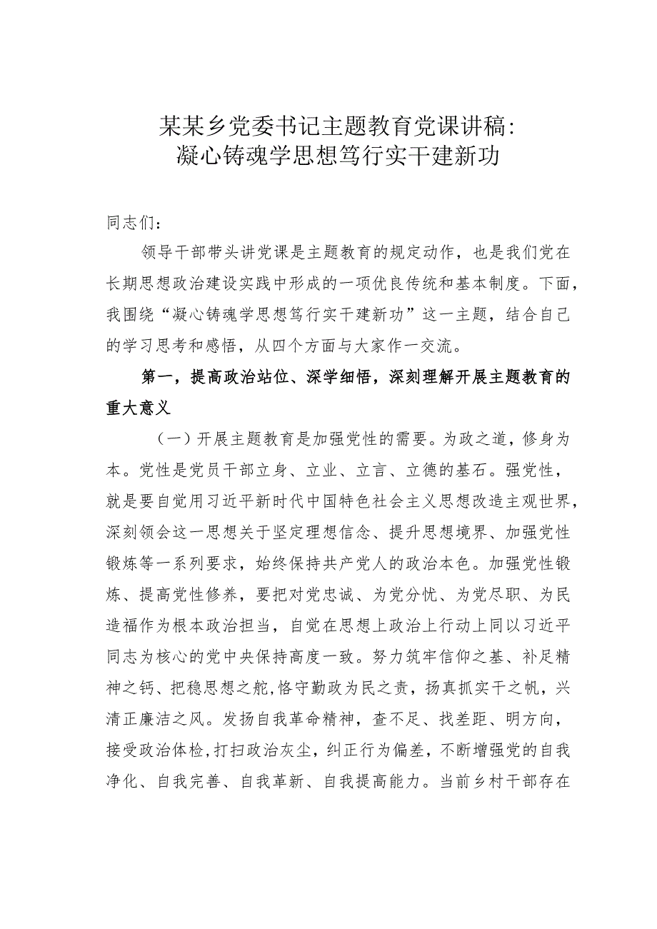 某某乡党委书记主题教育党课讲稿：凝心铸魂学思想笃行实干建新功.docx_第1页