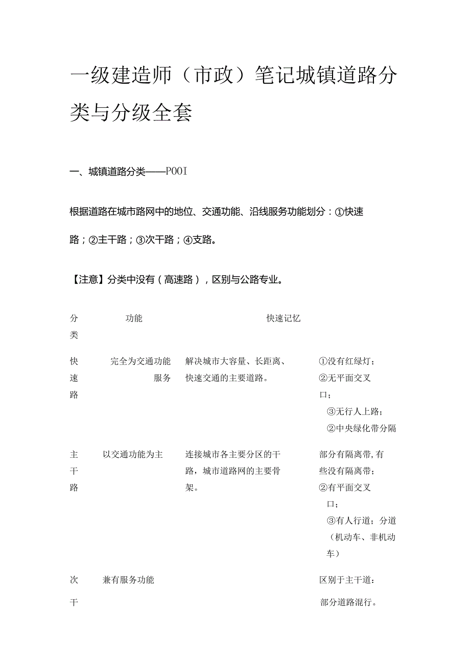 一级建造师（市政）笔记城镇道路分类与分级全套.docx_第1页