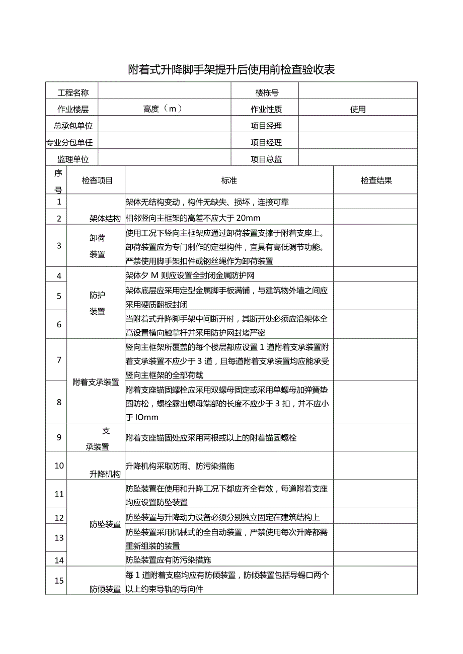 附着式升降脚手架提升后使用前检查验收表.docx_第1页