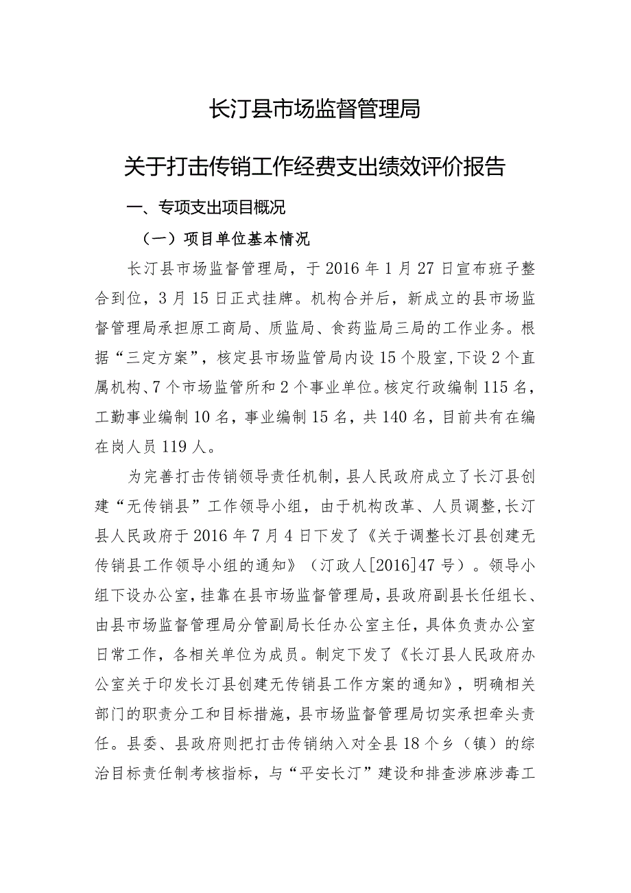 长汀县市场监督管理局关于打击传销工作经费支出绩效评价报告.docx_第1页