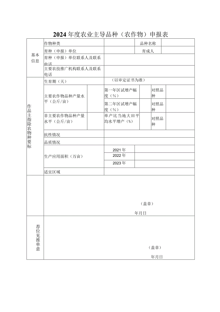 2024年度农业主导品种主推技术遴选推荐表.docx_第1页