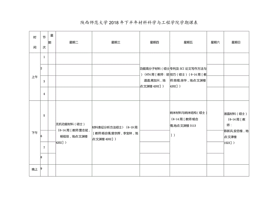 陕西师范大学2018年下半年材料科学与工程学院学期课表.docx_第1页