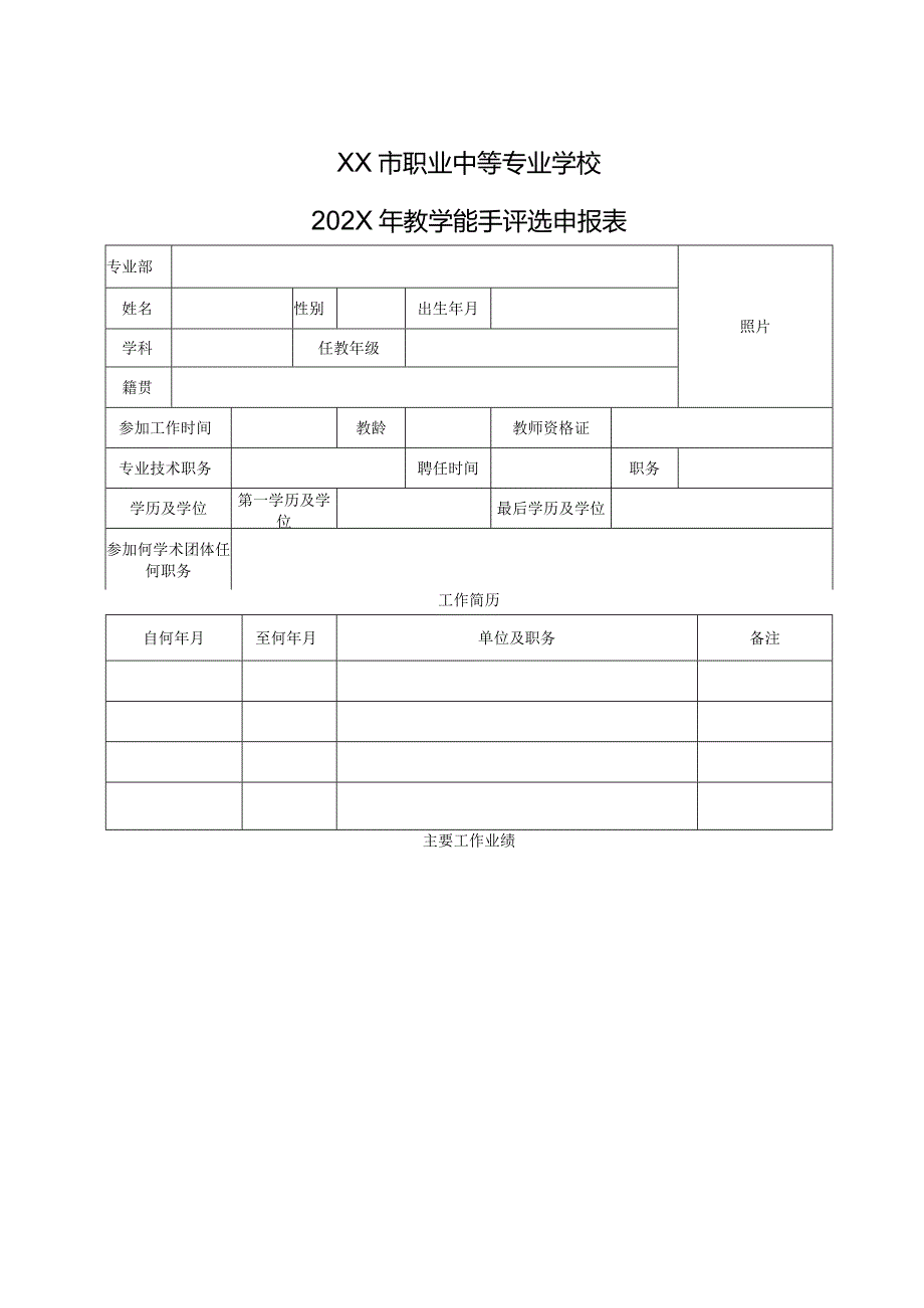 XX市职业中等专业学校202X年教学能手评选申报表（2024年）.docx_第1页