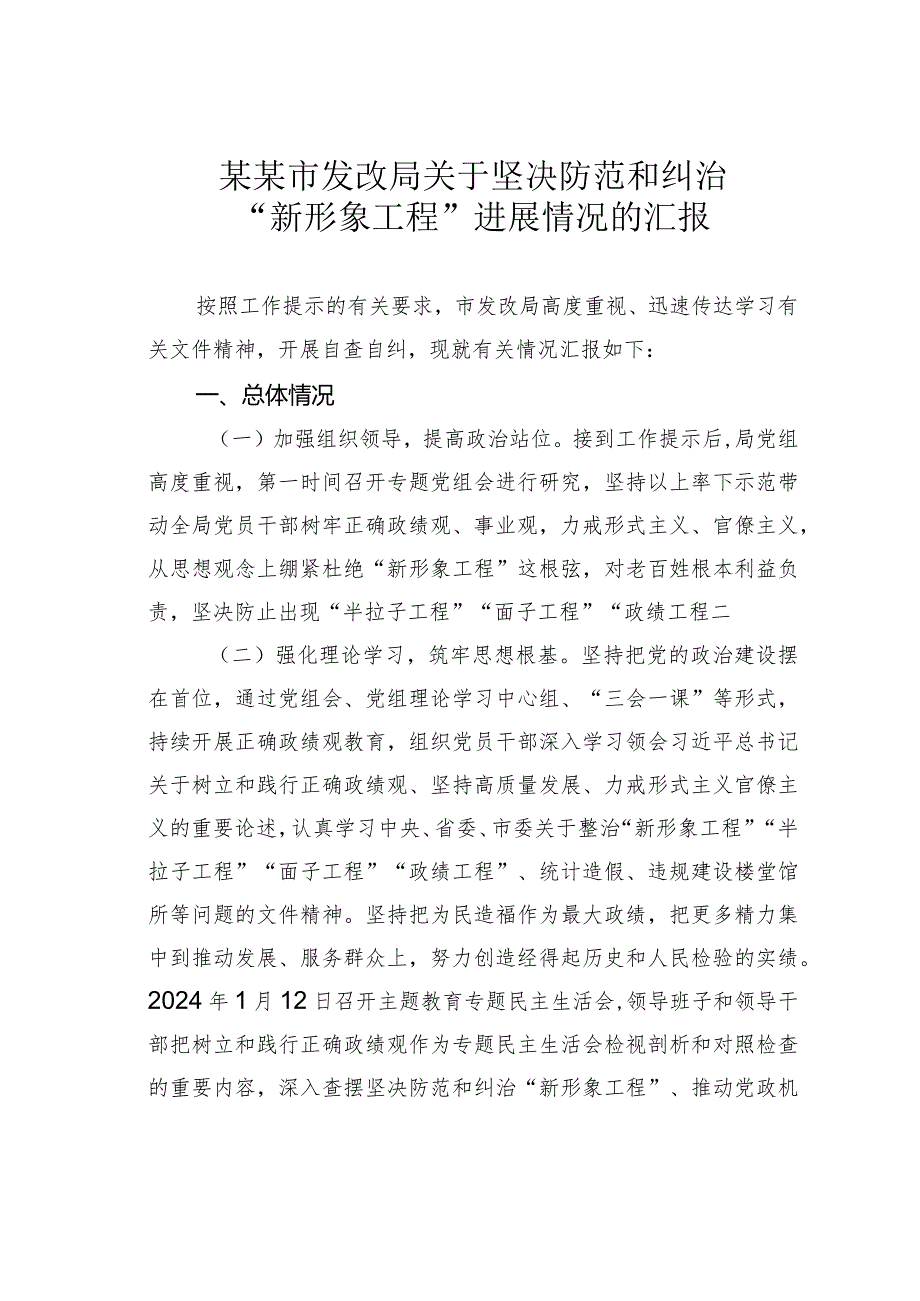 某某市发改局关于坚决防范和纠治“新形象工程”进展情况的汇报.docx_第1页