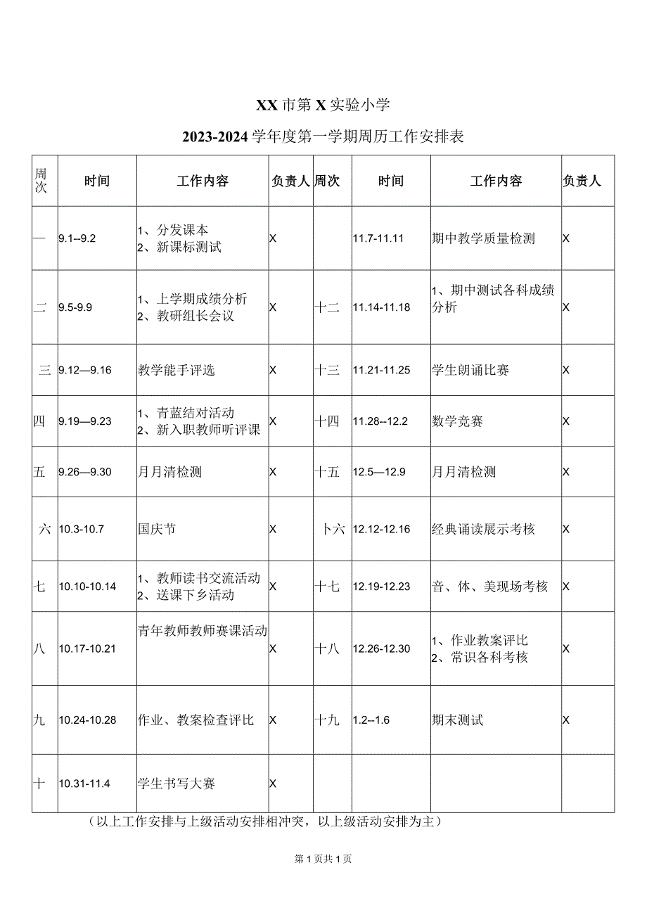 XX市第X实验小学2023-2024学年度第一学期周历工作安排表（2024年）.docx_第1页