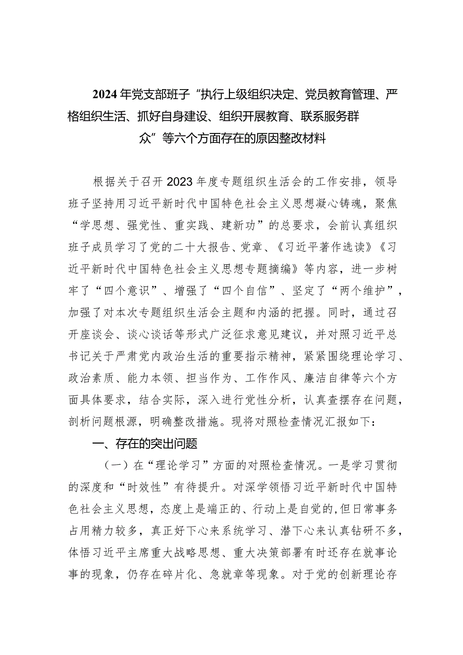 2024年党支部班子“执行上级组织决定、党员教育管理、严格组织生活、抓好自身建设、组织开展教育、联系服务群众”等六个方面存在的原因整.docx_第1页