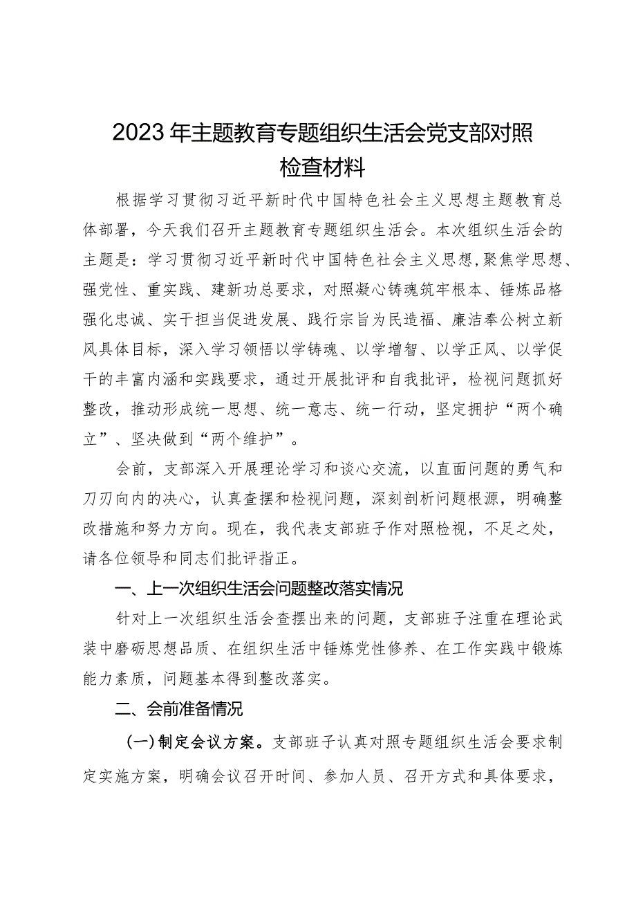 2023年主题教育专题组织生活会党支部对照检查材料.docx_第1页