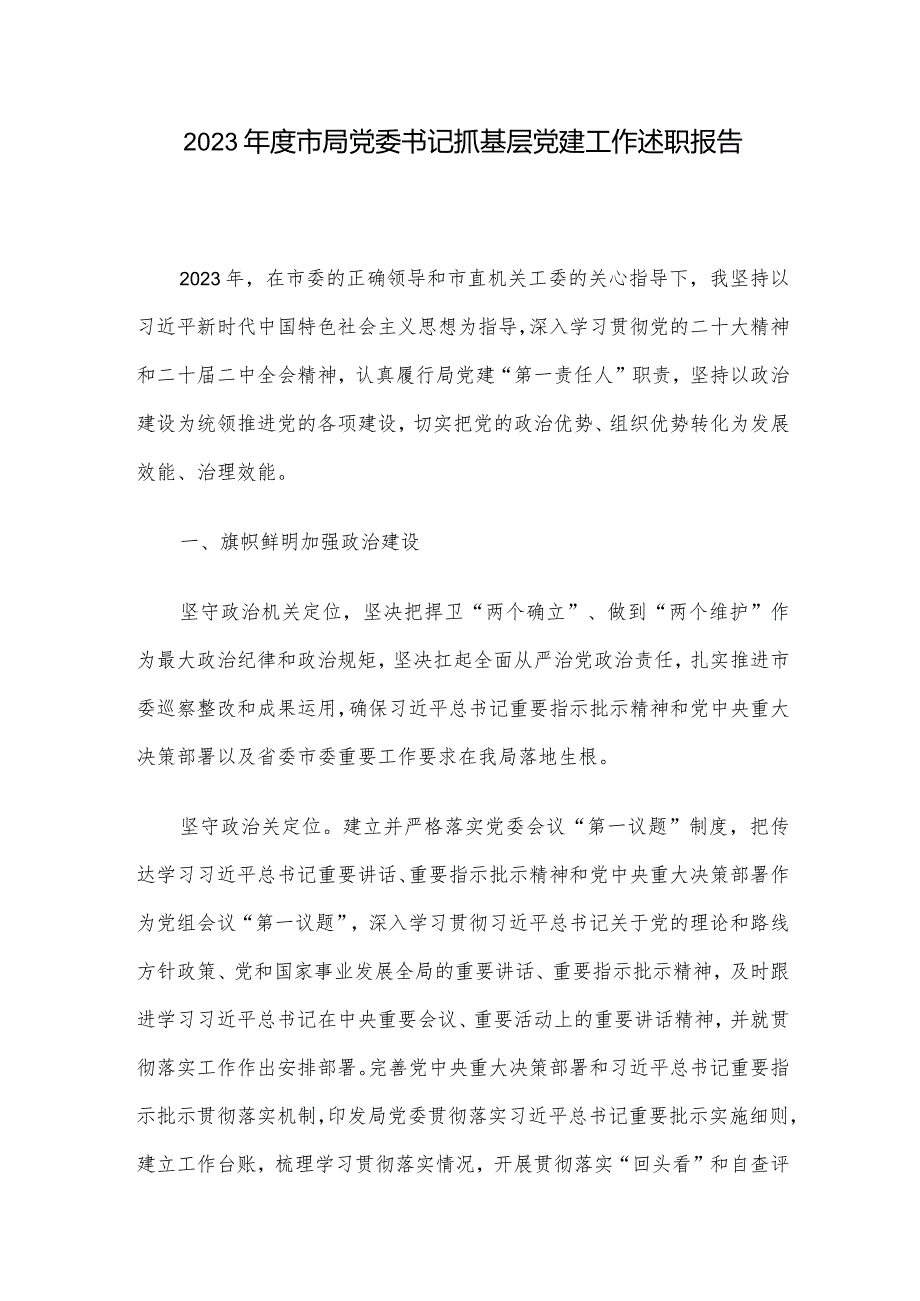 2023年度市局党委书记抓基层党建工作述职报告.docx_第1页