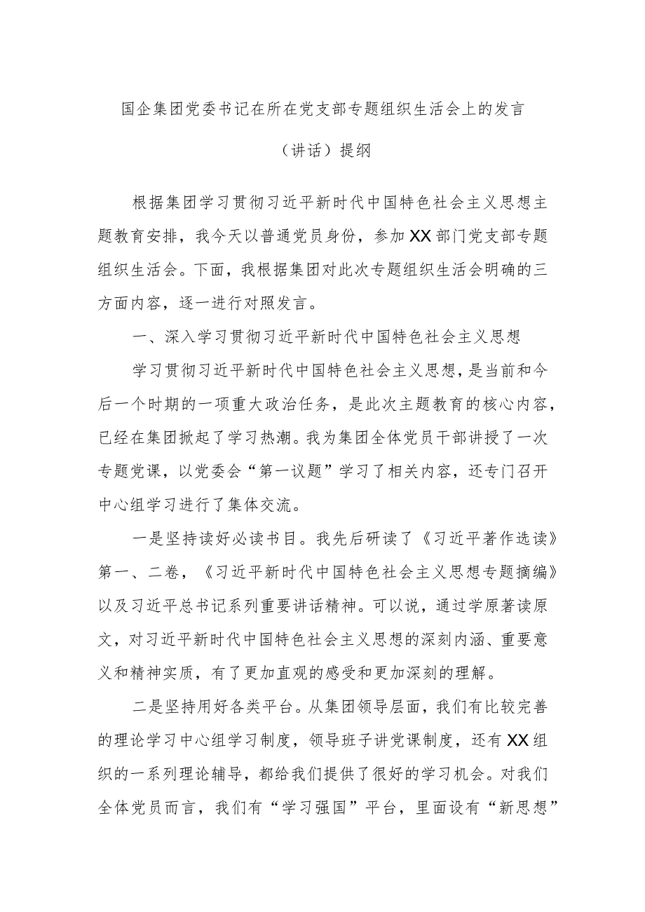 国企集团党委书记在所在党支部专题组织生活会上的发言（讲话）提纲.docx_第1页