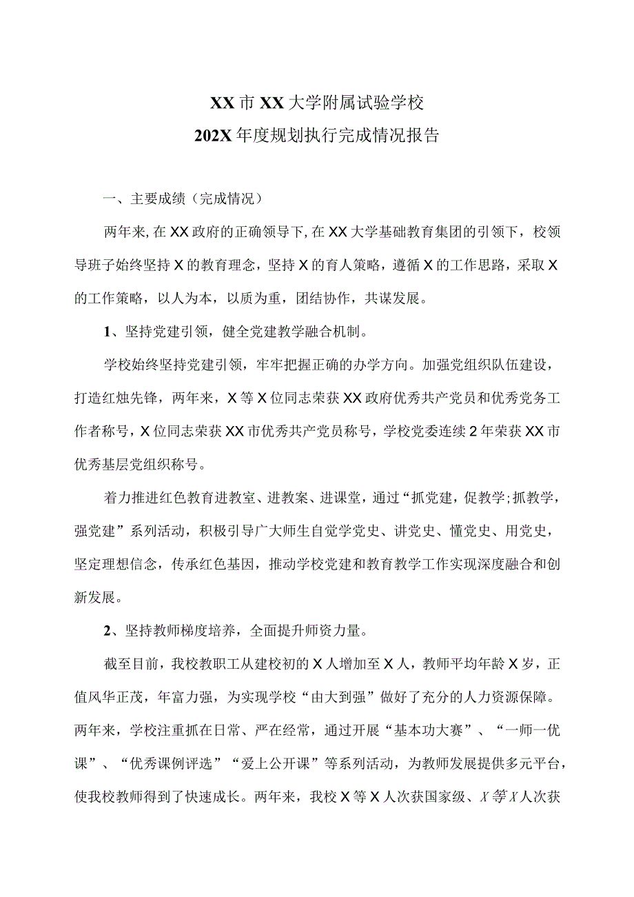 XX市XX大学附属试验学校202X年度规划执行完成情况报告（2024年）.docx_第1页