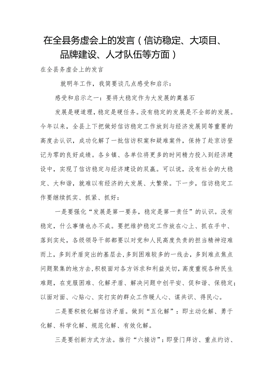 在全县务虚会上的发言（信访稳定、大项目、品牌建设、人才队伍等方面）.docx_第1页