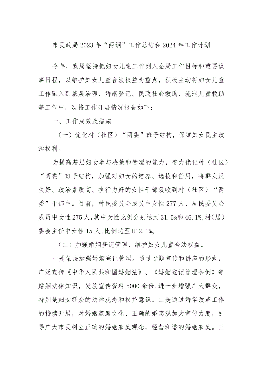 市民政局2023年“两纲”工作总结和2024年工作计划.docx_第1页