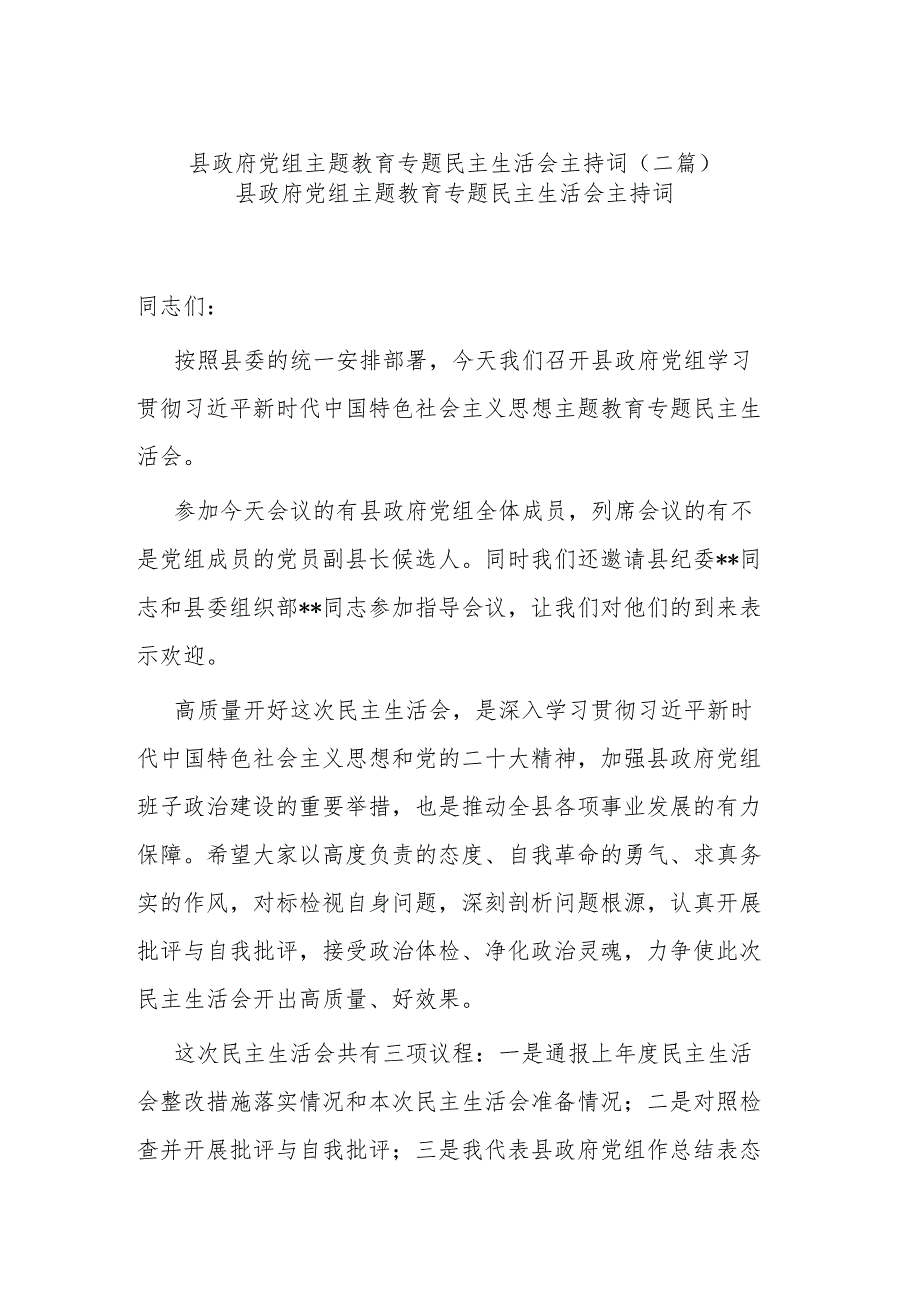 县政府党组主题教育专题民主生活会主持词(二篇).docx_第1页