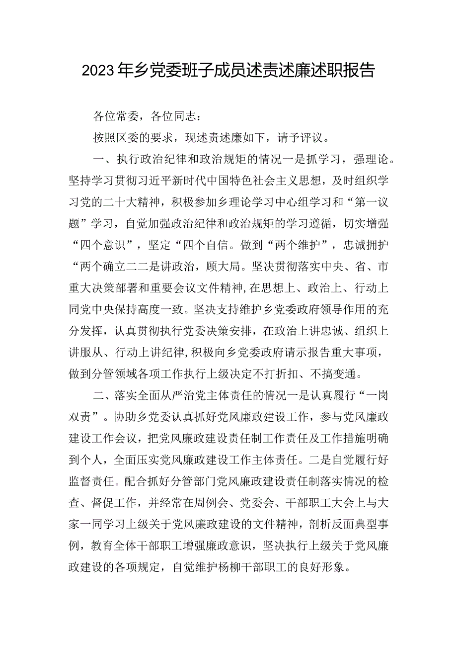 2023年乡党委班子成员述责述廉述职报告.docx_第1页