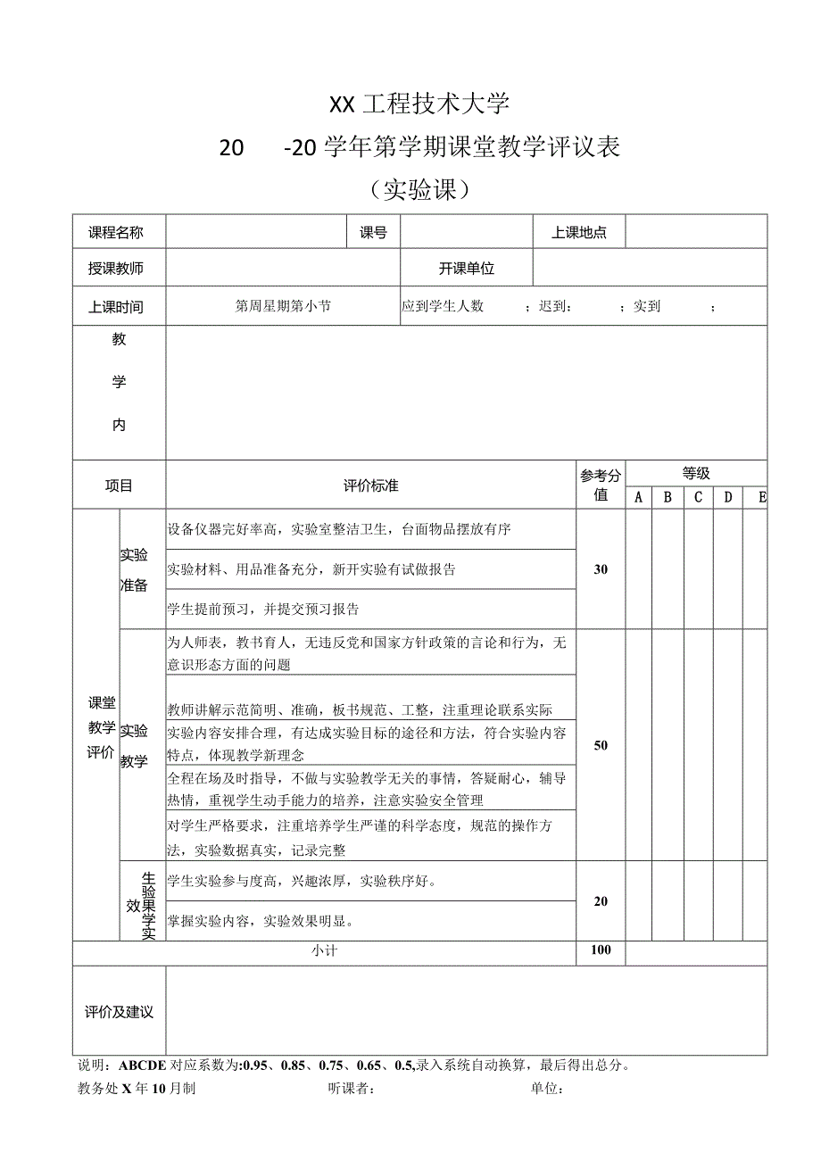 XX工程技术大学实验课课堂教学评议表（2023年）.docx_第1页