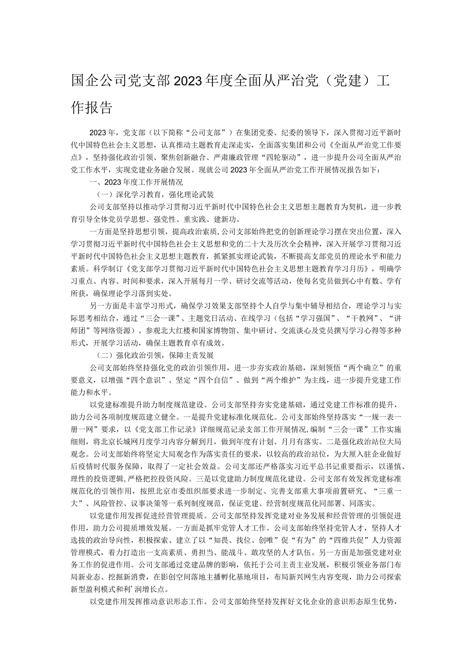 国企公司党支部2023年度全面从严治党（党建）工作报告.docx_第1页