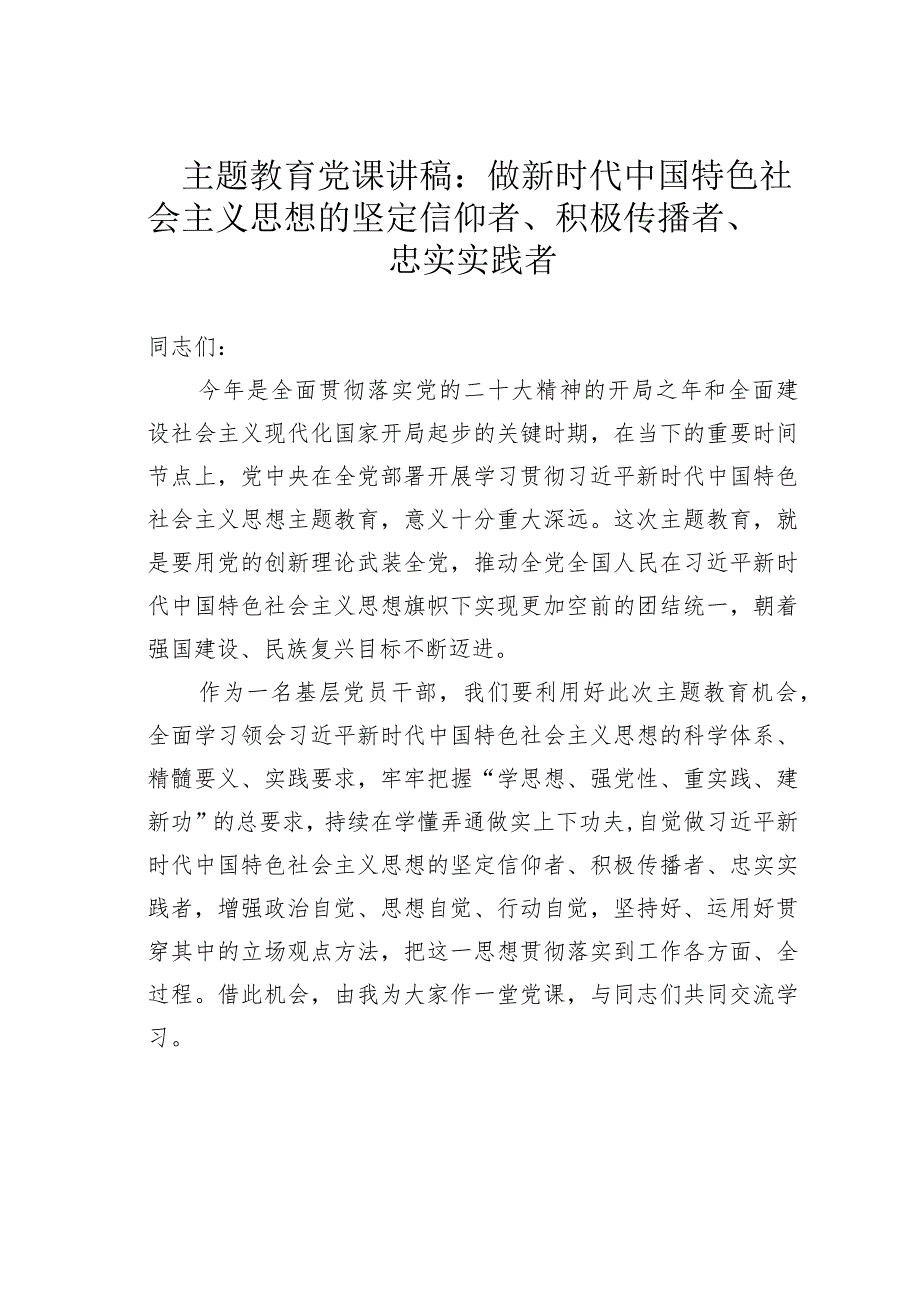 主题教育党课讲稿：做新时代中国特色社会主义思想的坚定信仰者、积极传播者、忠实实践者.docx_第1页