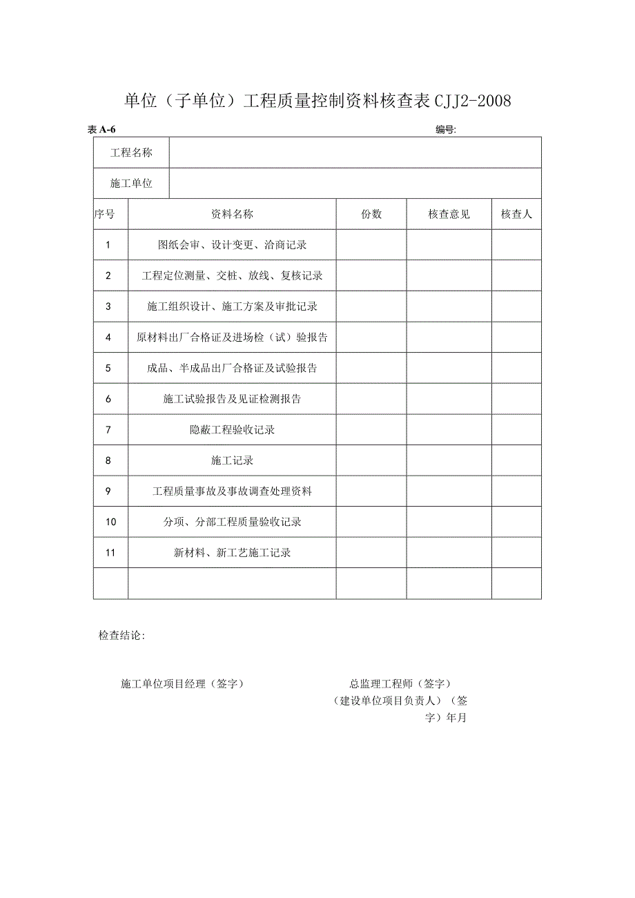 附表6单位工程质量控制资料核查记录市政基础.docx_第1页