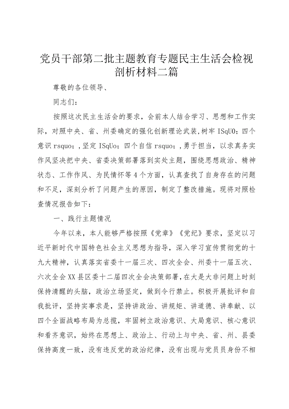 党员干部第二批主题教育专题民主生活会检视剖析材料二篇.docx_第1页