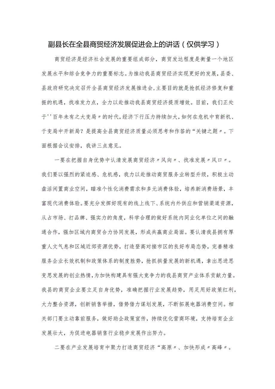 副县长在全县商贸经济发展促进会上的讲话.docx_第1页