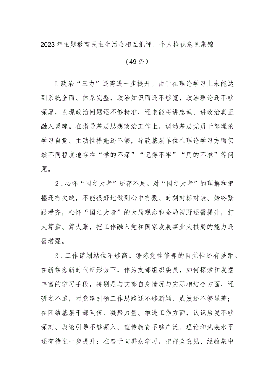 (49条)2023年主题教育民主生活会相互批评、个人检视意见集锦.docx_第1页