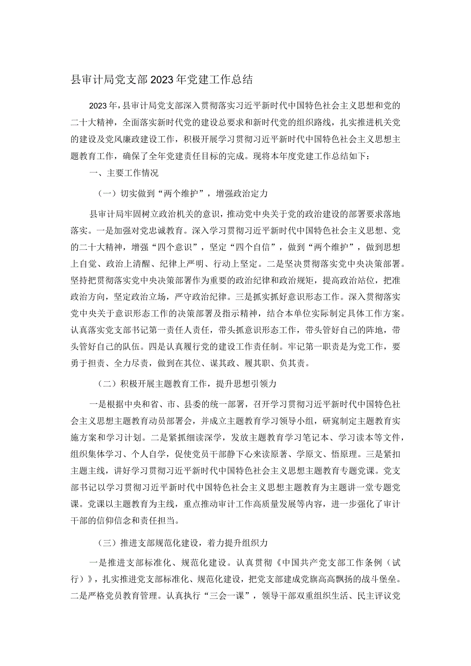 县审计局党支部2023年党建工作总结.docx_第1页