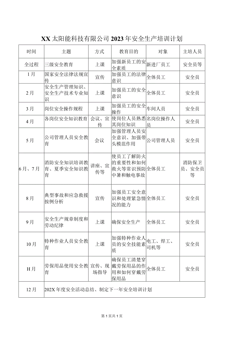 XX太阳能科技有限公司2023年安全生产培训计划（2023年）.docx_第1页