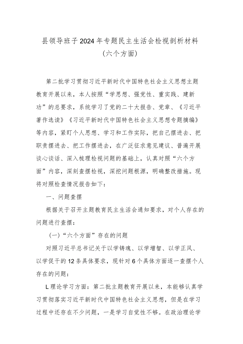 县领导班子2024年专题民主生活会检视剖析材料(六个方面).docx_第1页