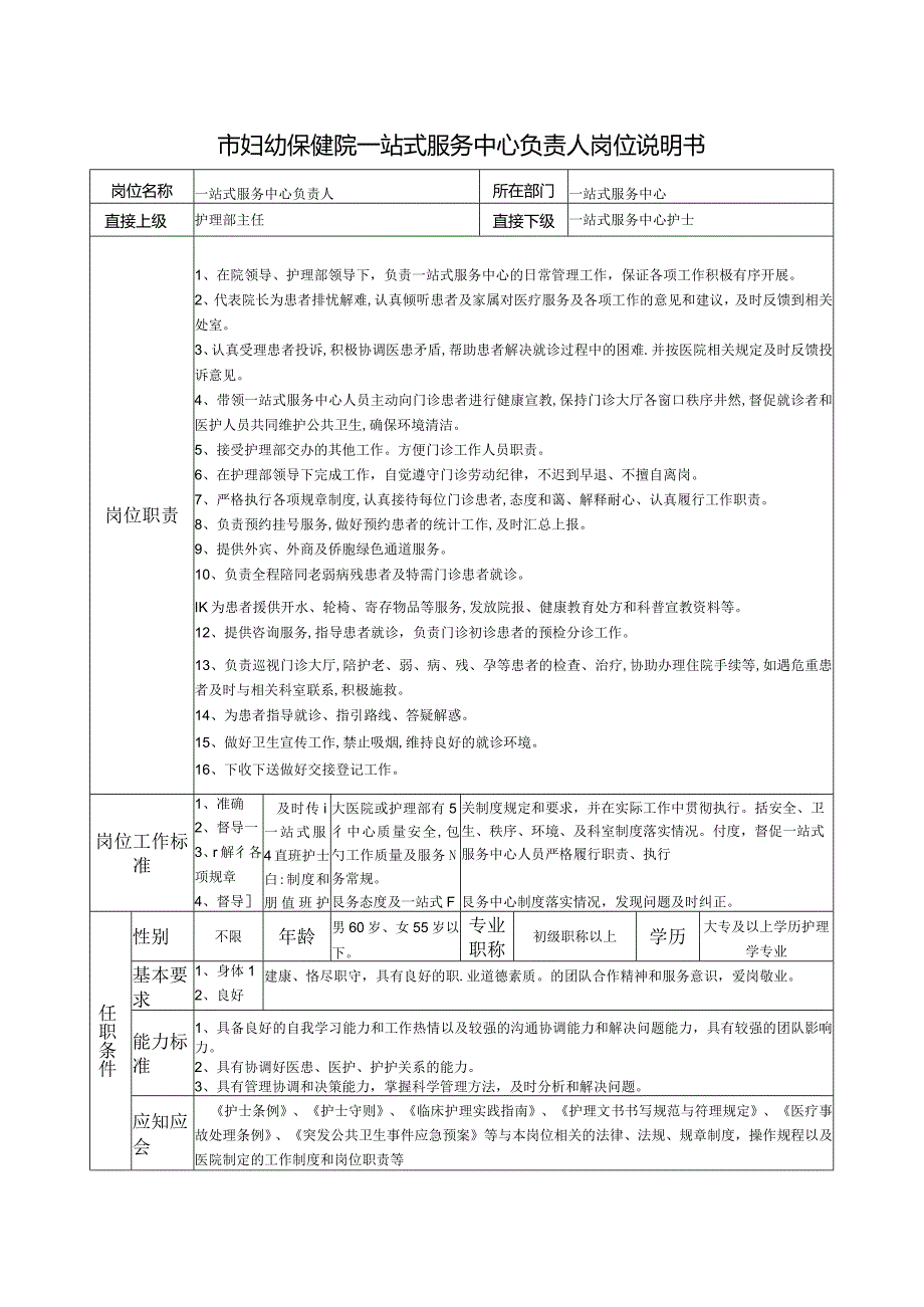 市妇幼保健院一站式服务中心负责人岗位说明书.docx_第1页