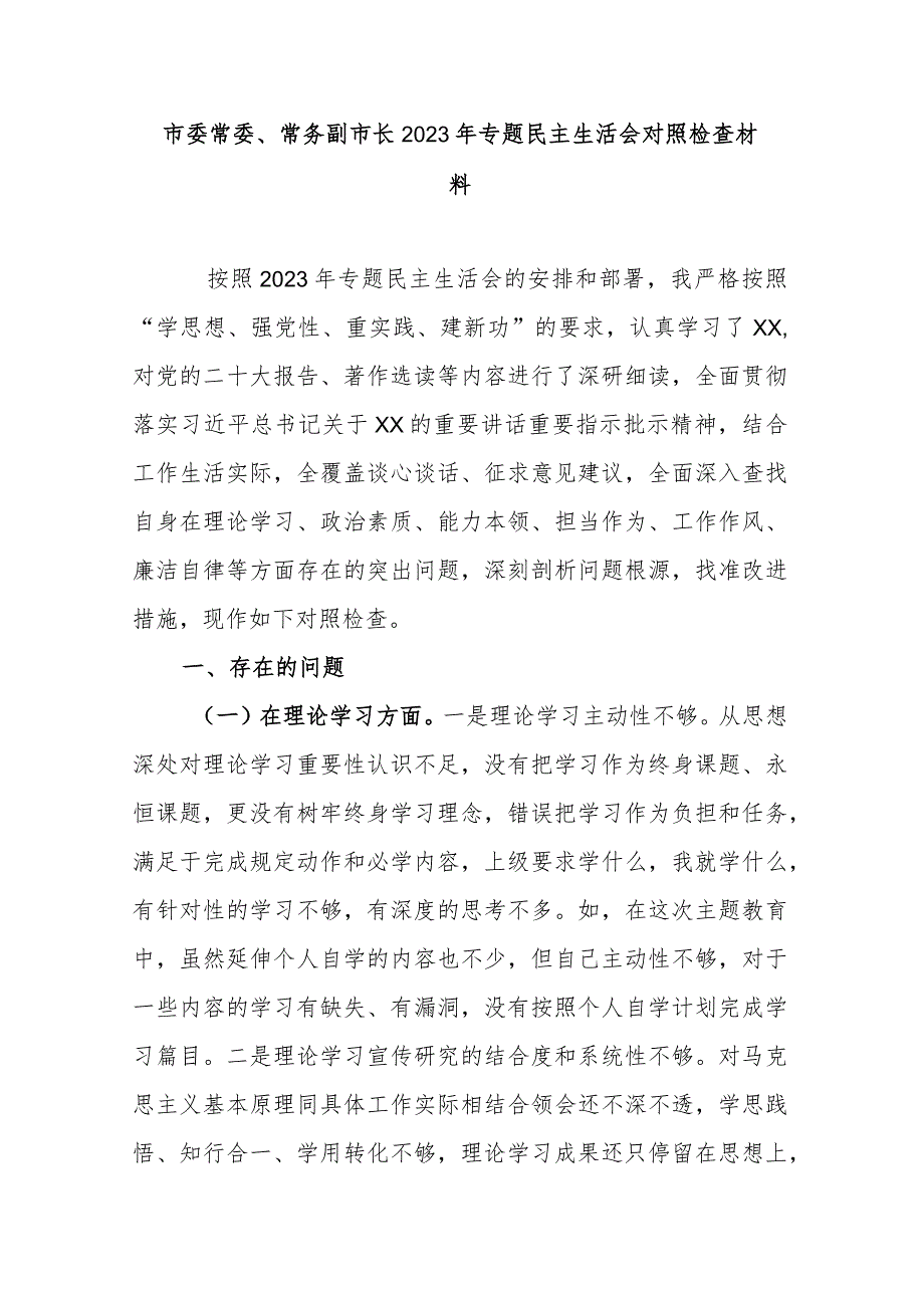 市委常委、常务副市长2023年专题民主生活会对照检查材料 .docx_第1页