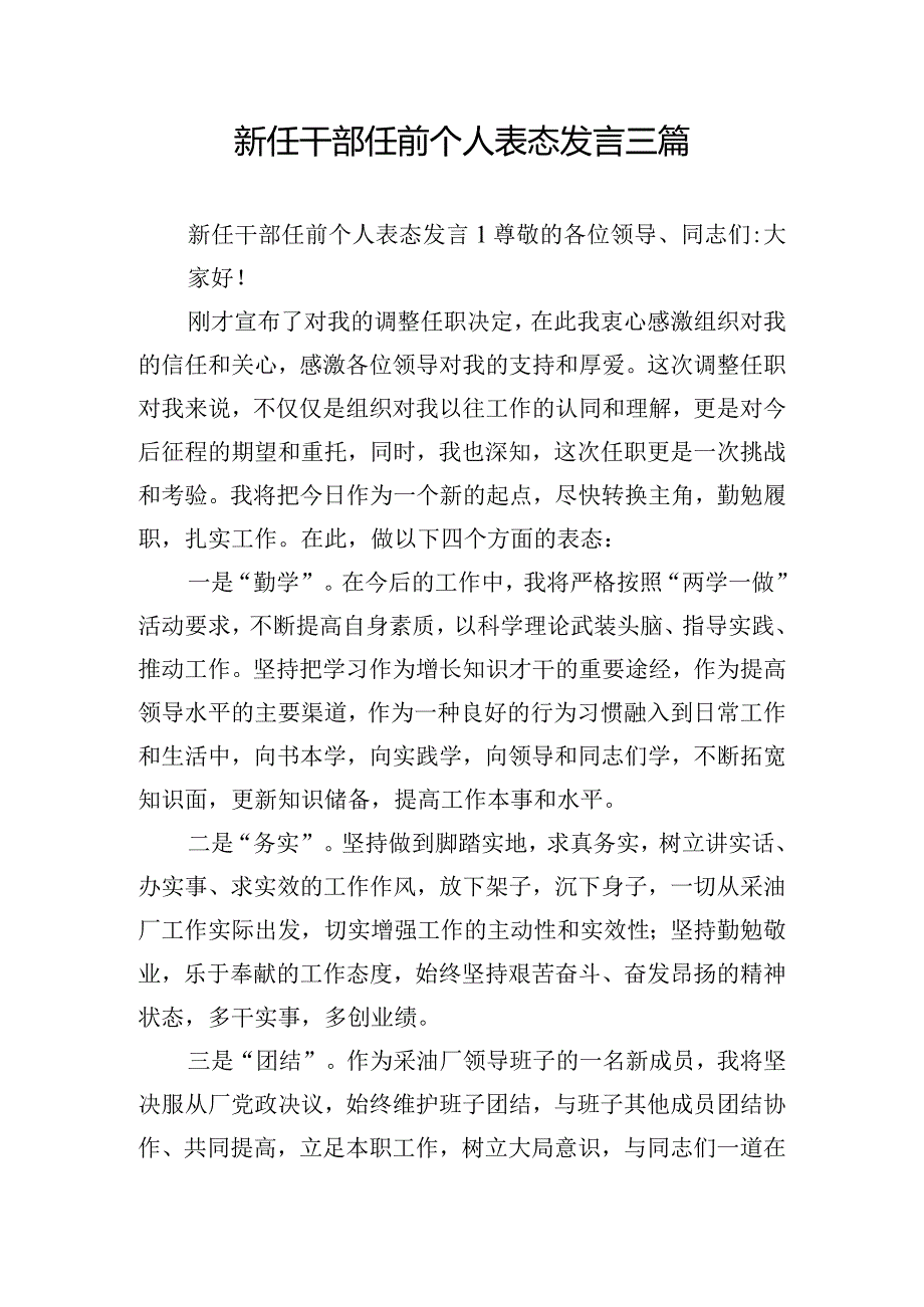 新任干部任前个人表态发言三篇.docx_第1页