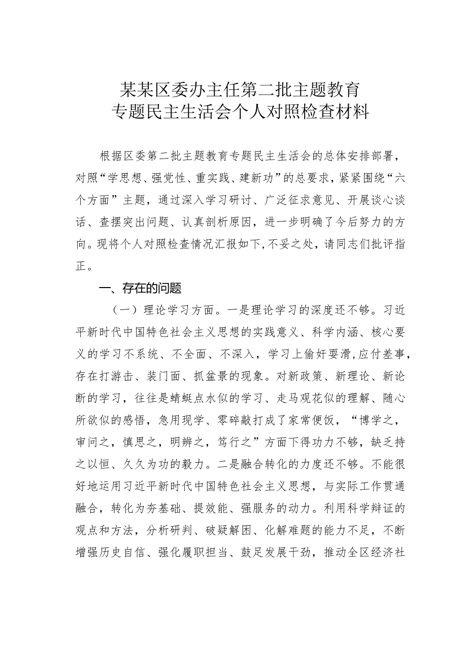 某某区委办主任第二批主题教育专题民主生活会个人对照检查材料.docx_第1页