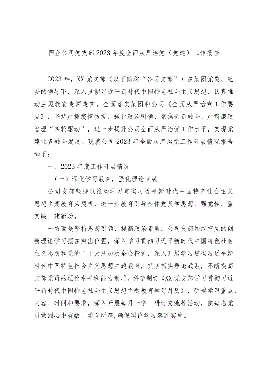 国企公司党支部2023年-2024度全面从严治党（党建）工作报告.docx_第1页