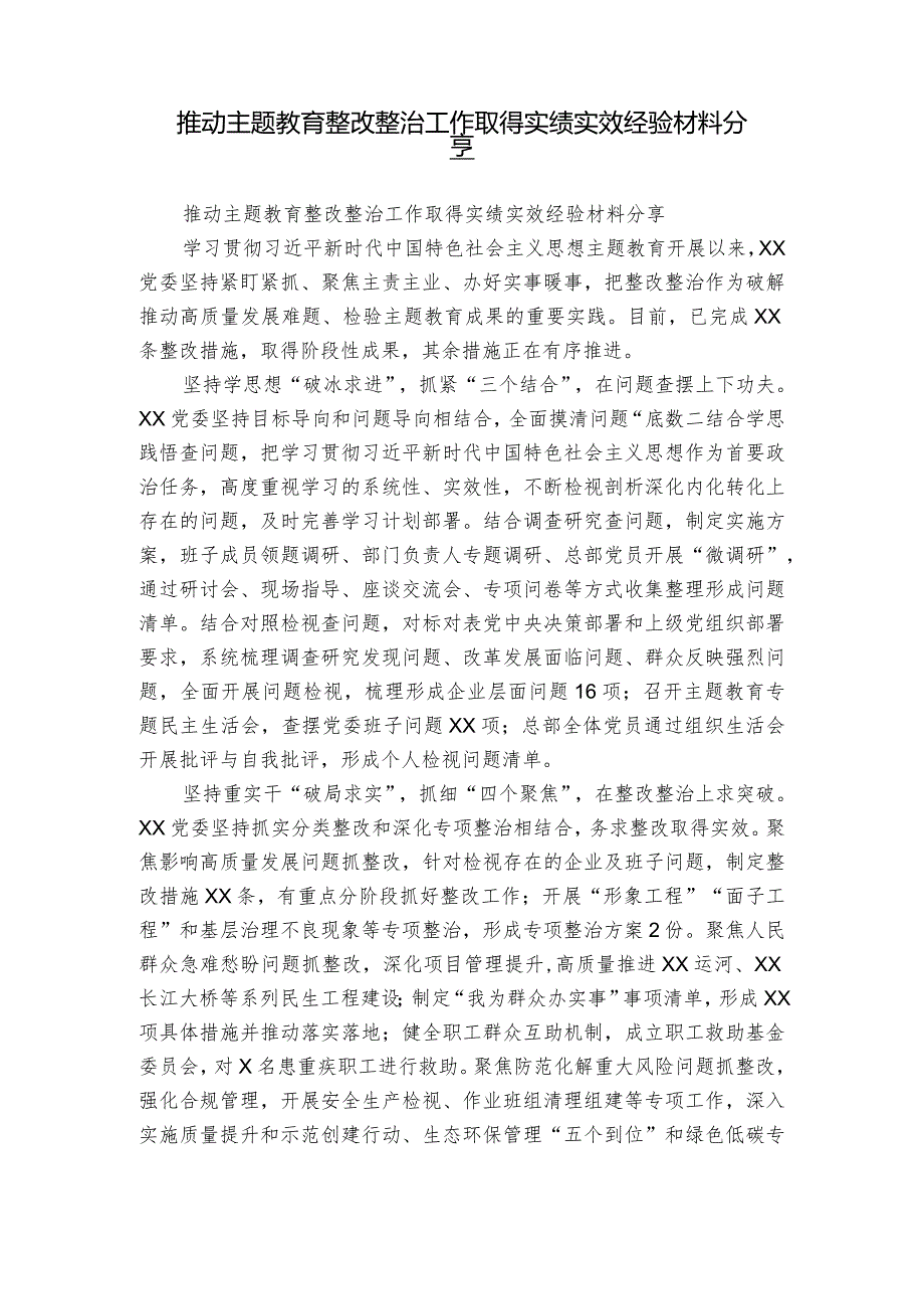 推动主题教育整改整治工作取得实绩实效经验材料分享.docx_第1页