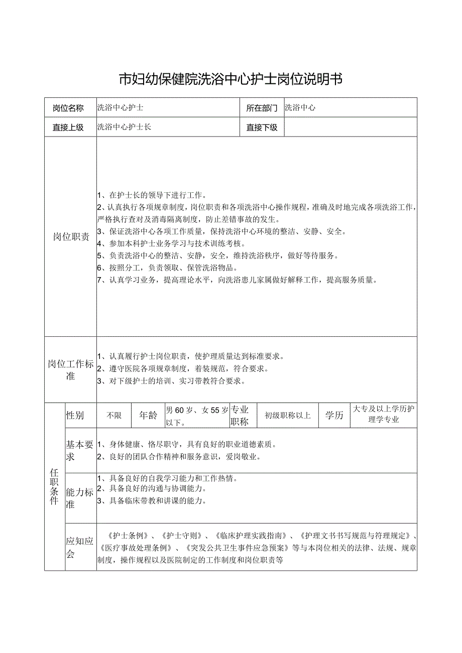 市妇幼保健院洗浴中心护士岗位说明书.docx_第1页