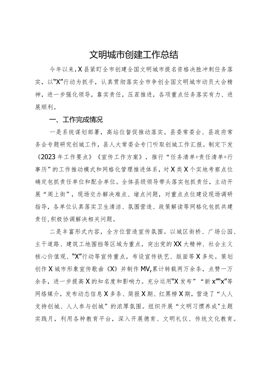 县2023年文明城市创建工作总结.docx_第1页