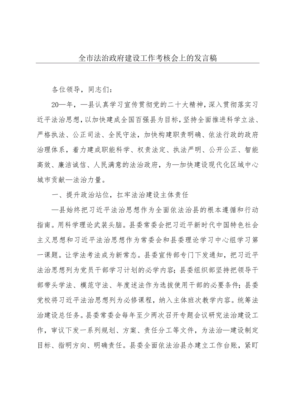 全市法治政府建设工作考核会上的发言稿.docx_第1页