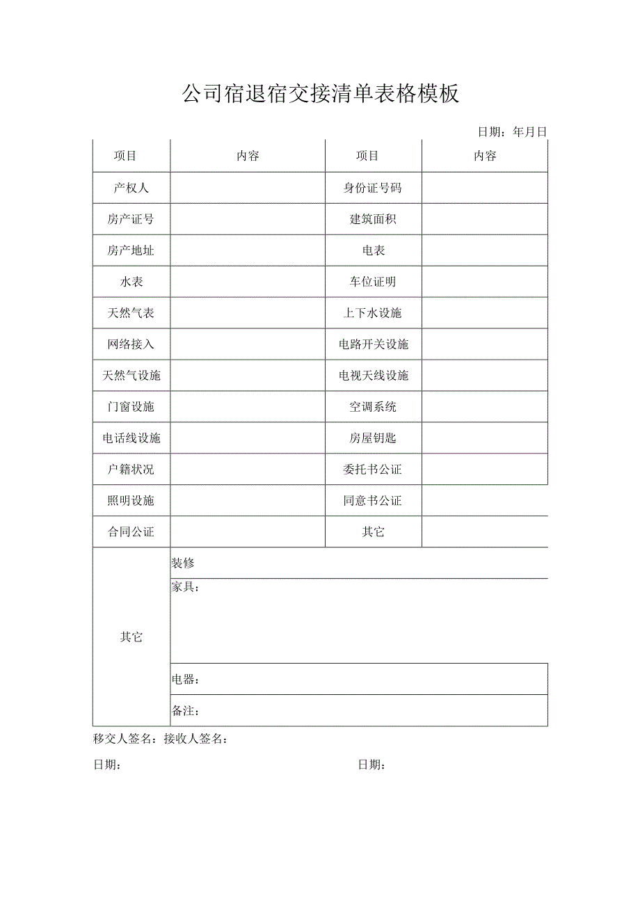 公司宿退宿交接清单表格模板.docx_第1页