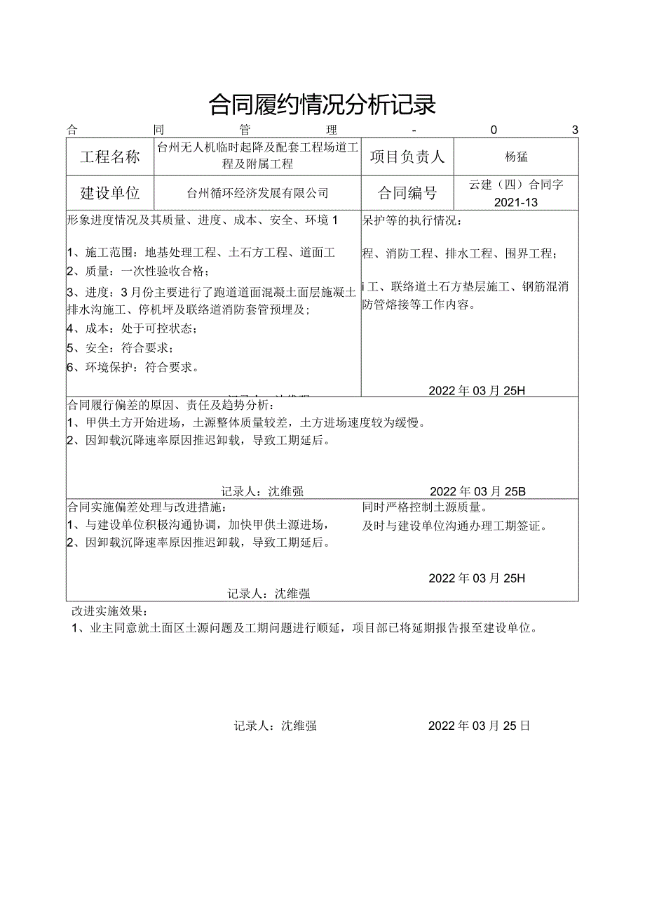 主合同履约情况分析记录-台州机场（3月）.docx_第1页