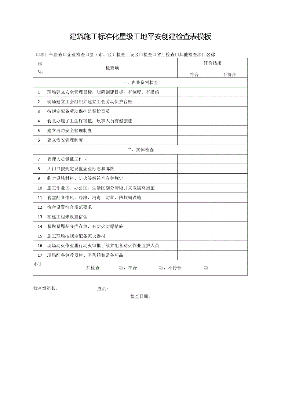 建筑施工标准化星级工地平安创建检查表模板.docx_第1页