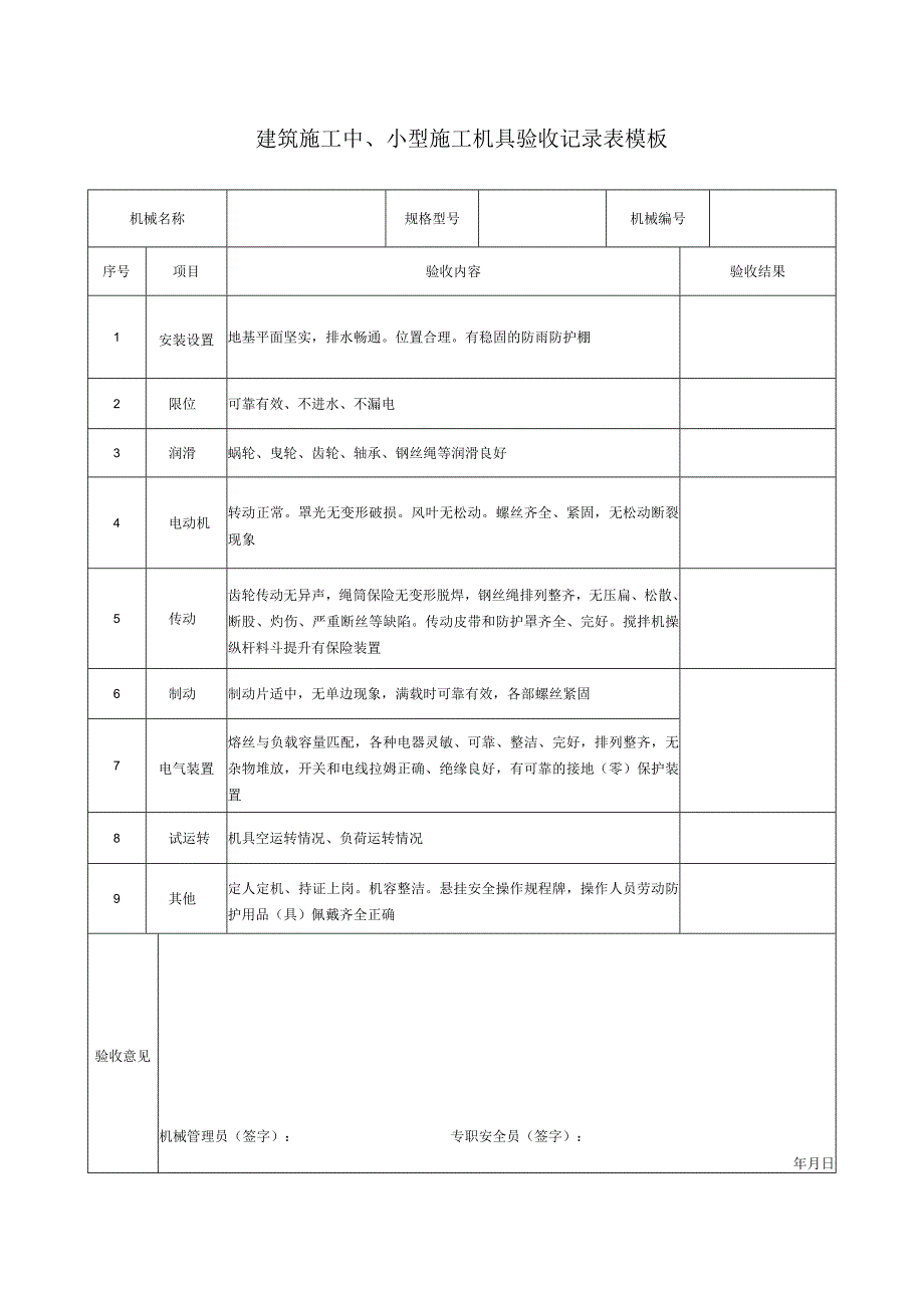 建筑施工中、小型施工机具验收记录表模板.docx_第1页