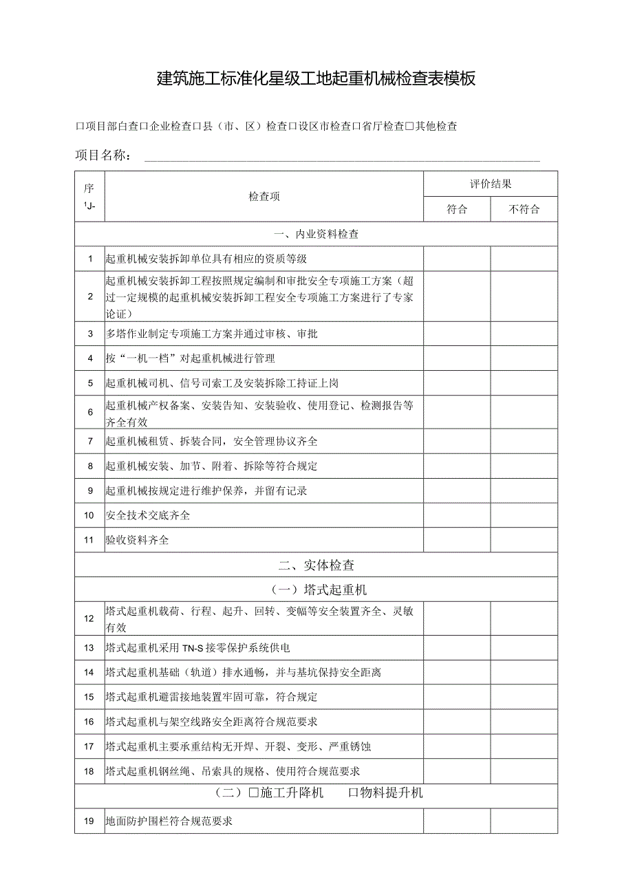 建筑施工标准化星级工地起重机械检查表模板.docx_第1页