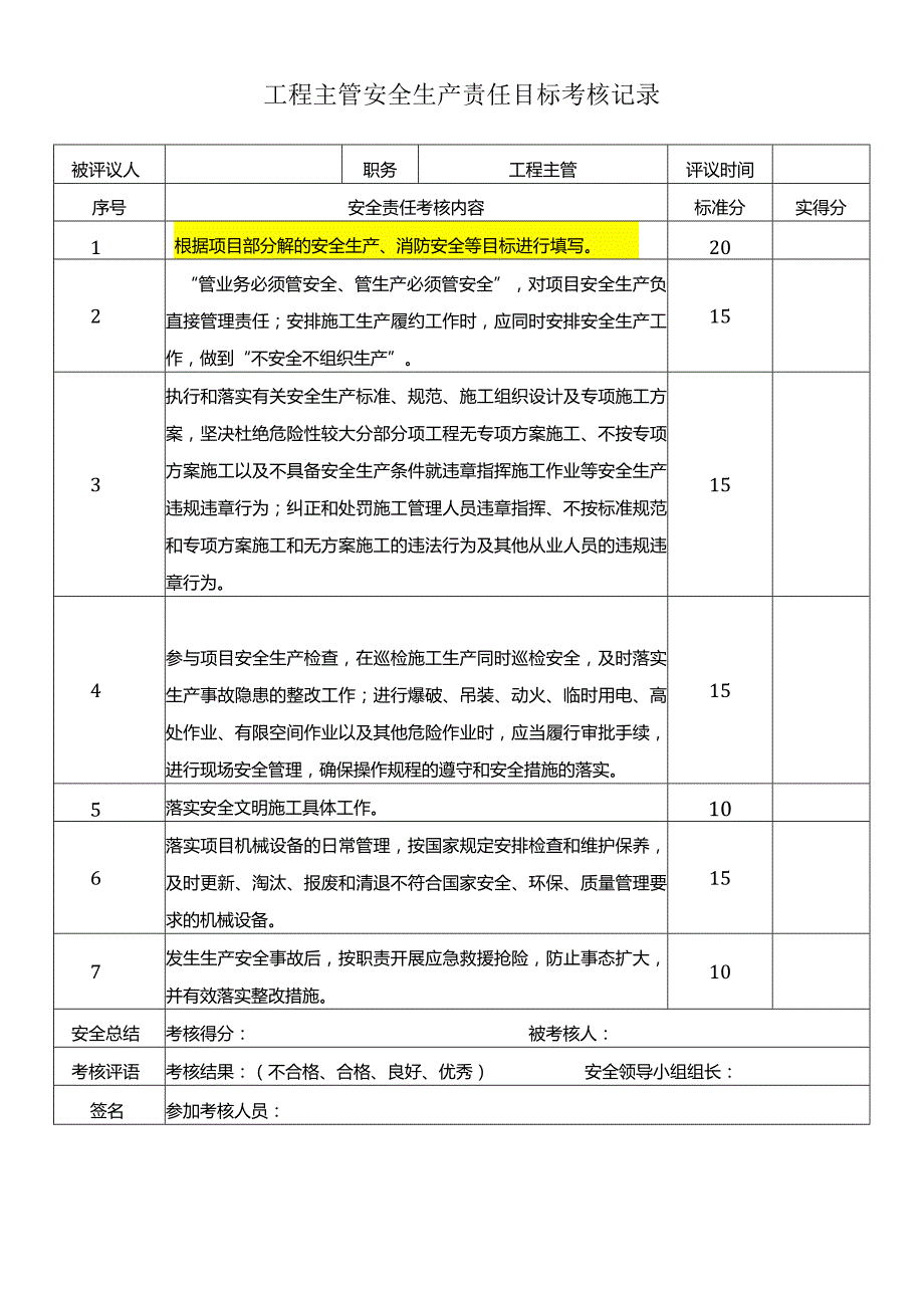 工程主管安全生产责任目标考核记录.docx_第1页