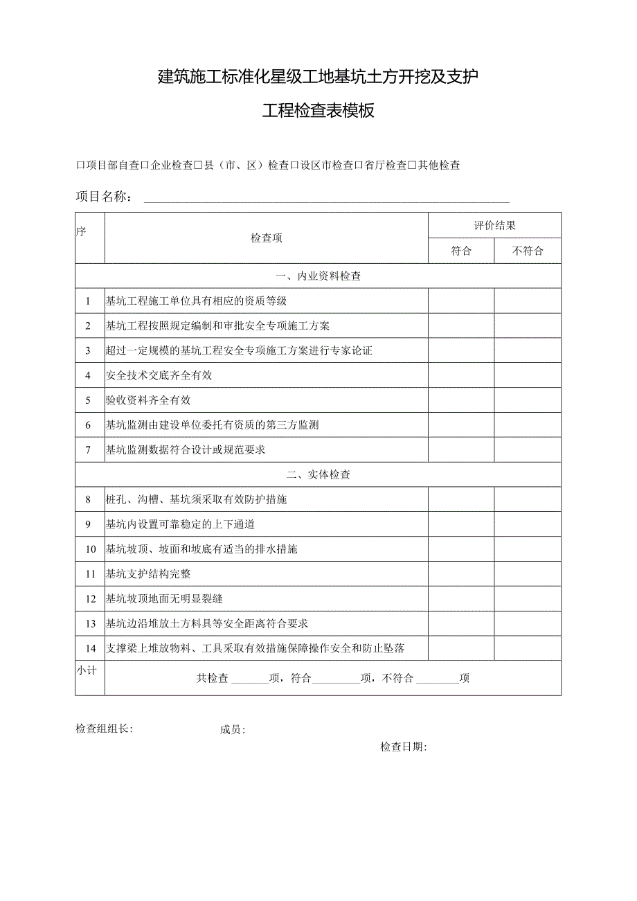 建筑施工标准化星级工地基坑土方开挖及支护工程检查表模板.docx_第1页