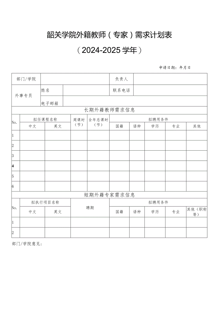 韶关学院外籍教师专家需求计划024-2025学年.docx_第1页