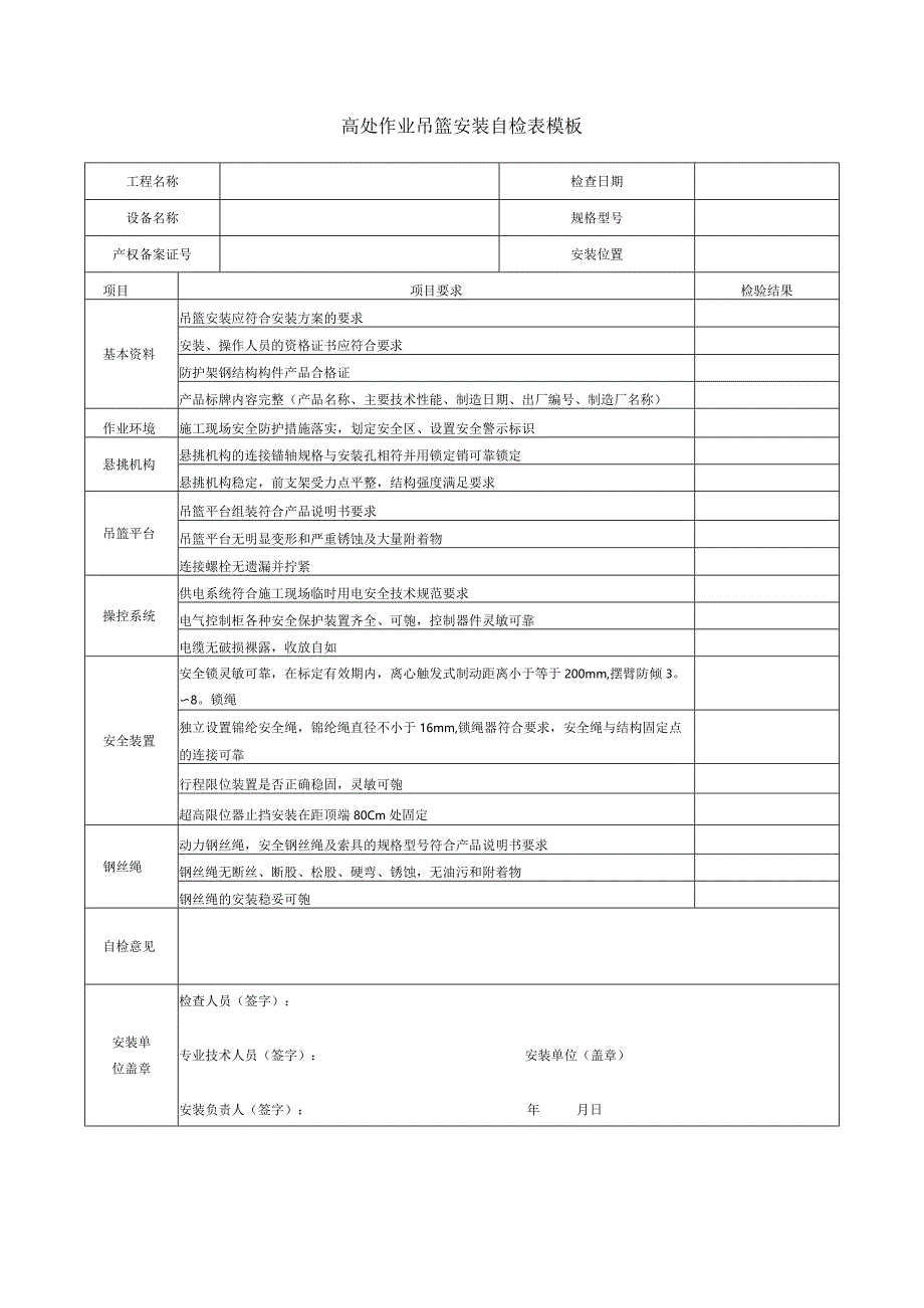 高处作业吊篮安装自检表模板.docx_第1页