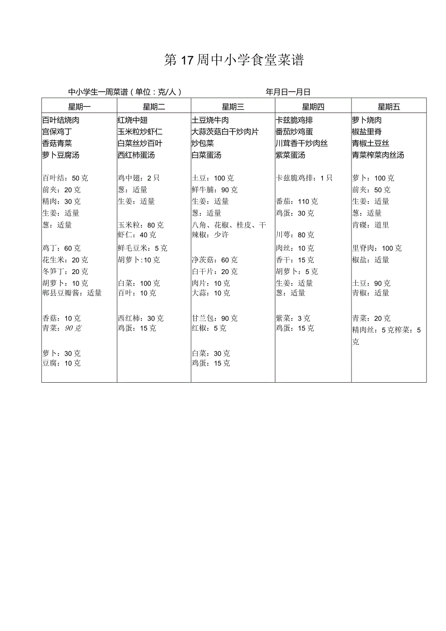 17周中小学食堂菜谱.docx_第1页