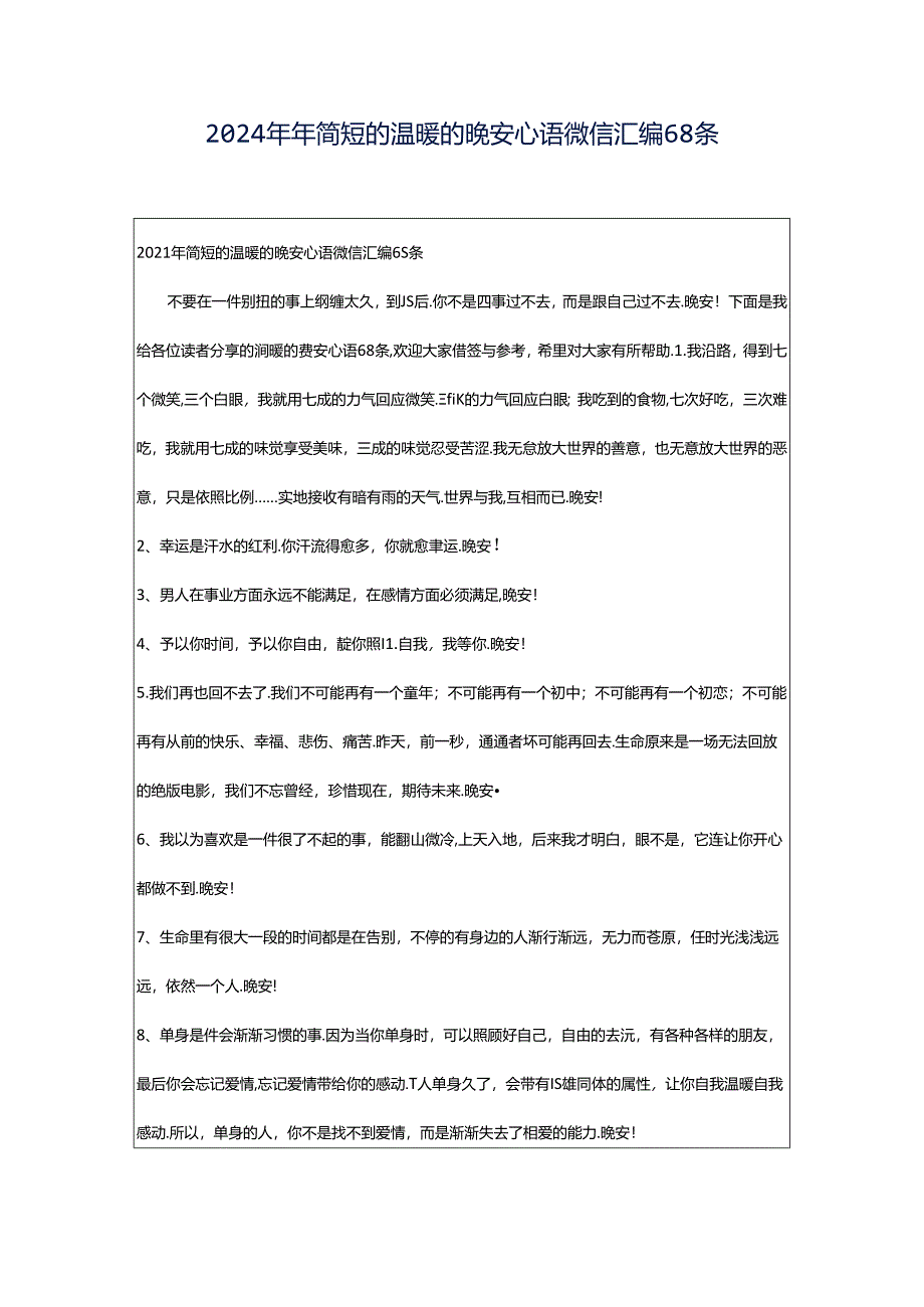 2024年年简短的温暖的晚安心语微信汇编68条.docx_第1页
